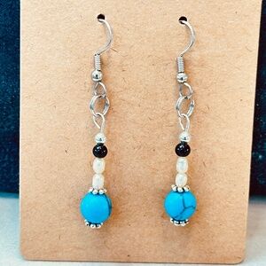 Stainless Steel Earrings w/Turquoise, Onyx, Pearl & Silver Tone Beads - Handmade